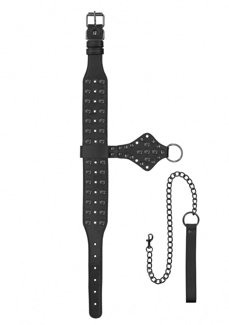 Ouch! Skulls And Bones - Neck Chain With Spikes And Leash - Blac