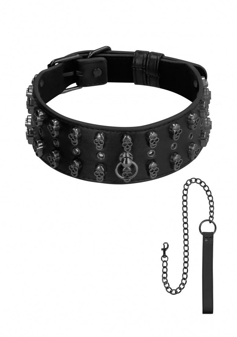 Ouch! Skulls And Bones - Neck Chain With Skulls And Leash - Black