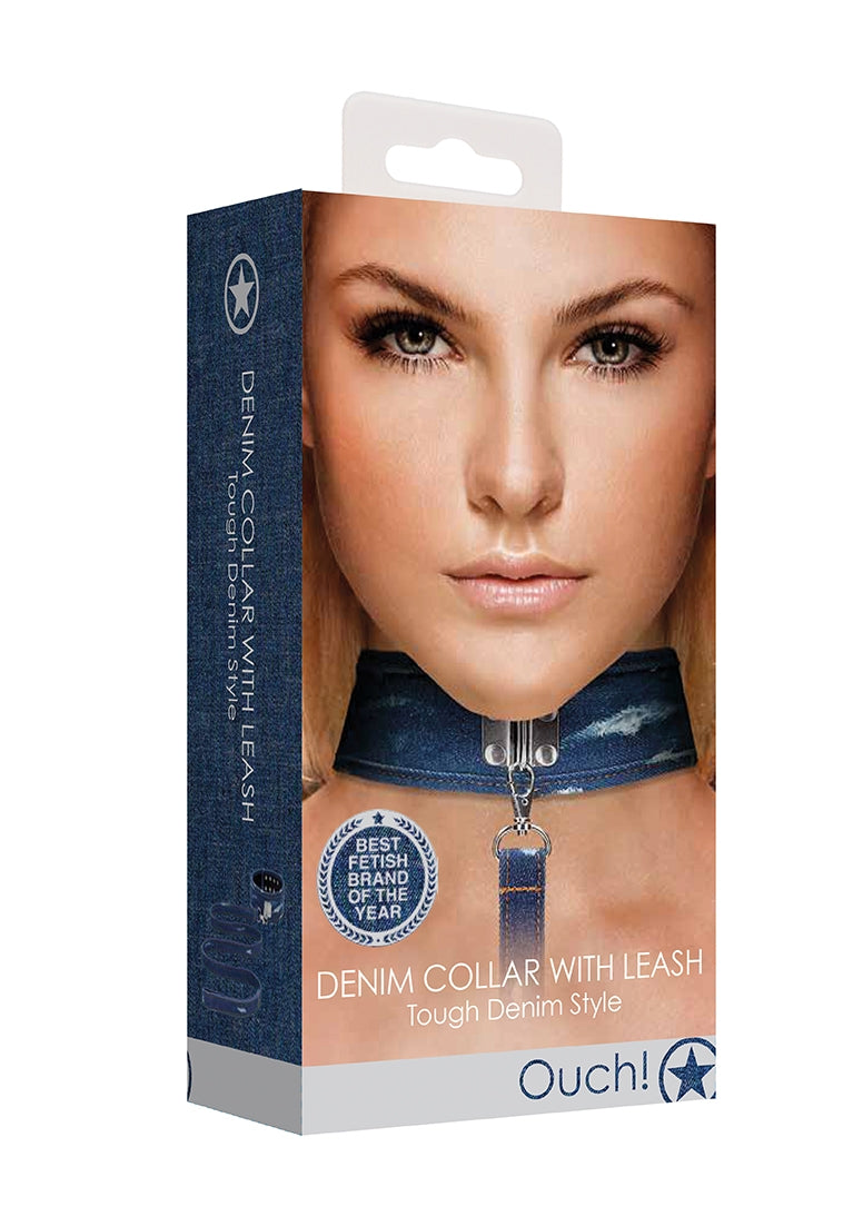 Denim Collar - With Leash - Roughend Denim Style - Blue