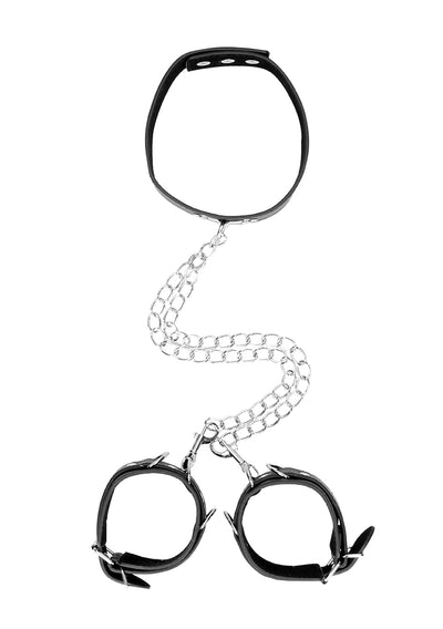 Bonded Leather Collar With Hand Cuffs - With Adjustable Straps And Chain